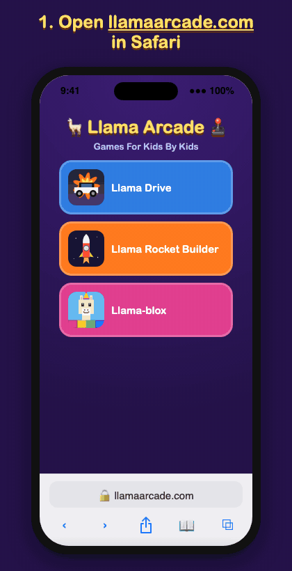 Animation: in Safari, tap Share, then Add to Home Screen, then Add. The Llama Arcade icon appears on the home screen and opens full screen.